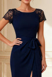 Sheath Navy Lace Short Sleeves Mother of the Bride Dress With Slit