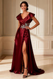 Burgundy V-Neck A Line Long Mother of the Bride Dress With Slit