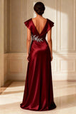 Burgundy V-Neck A Line Long Mother of the Bride Dress With Slit