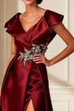Burgundy V-Neck A Line Long Mother of the Bride Dress With Slit