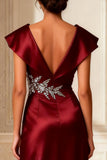 Burgundy V-Neck A Line Long Mother of the Bride Dress With Slit