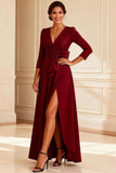 Burgundy A Line V-Neck Long Sleeves Mother of the Bride Dress With Slit