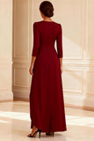 Burgundy A Line V-Neck Long Sleeves Mother of the Bride Dress With Slit