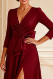 Burgundy A Line V-Neck Long Sleeves Mother of the Bride Dress With Slit