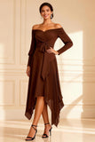 Off the Shoulder Chocolate Ruched A Line Pleated High-Low Mother of the Bride Dress
