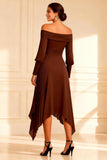 Off the Shoulder Chocolate Ruched A Line Pleated High-Low Mother of the Bride Dress
