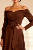 Off the Shoulder Chocolate Ruched A Line Pleated High-Low Mother of the Bride Dress