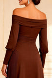 Off the Shoulder Chocolate Ruched A Line Pleated High-Low Mother of the Bride Dress