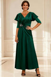 Dark Green V-Neck A Line Ruched Long Mother of the Bride Dress