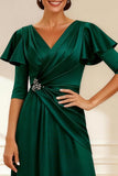 Dark Green V-Neck A Line Ruched Long Mother of the Bride Dress
