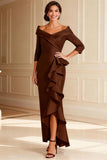 Chocolate Off the Shoulder Sheath Long Sleeves Mother of the Bride Dress With Slit