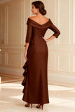 Chocolate Off the Shoulder Sheath Long Sleeves Mother of the Bride Dress With Slit