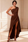 One Shoulder Chocolate A Line High-Low Mother of the Bride Dress With Slit