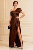 One Shoulder Chocolate A Line Long Mother of the Bride Dress With Slit