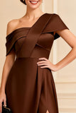 One Shoulder Chocolate A Line Long Mother of the Bride Dress With Slit
