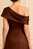 One Shoulder Chocolate A Line Long Mother of the Bride Dress With Slit
