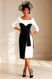 Black and White Bateau Neck Sheath Midi Mother of the Bride Dress With Belt