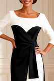 Black and White Bateau Neck Sheath Midi Mother of the Bride Dress With Belt