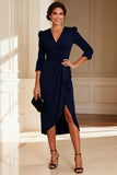 Navy V-Neck Ruched Sheath Midi Mother of the Bride Dress With Slit