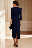Navy V-Neck Ruched Sheath Midi Mother of the Bride Dress With Slit