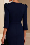 Navy V-Neck Ruched Sheath Midi Mother of the Bride Dress With Slit