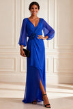 Royal Blue V-Neck Sheath Long Mother of the Bride Dress With Slit