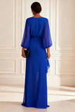 Royal Blue V-Neck Sheath Long Mother of the Bride Dress With Slit