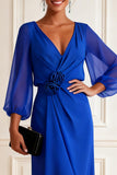 Royal Blue V-Neck Sheath Long Mother of the Bride Dress With Slit