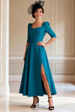 A Line Peacock Blue Midi Mother of the Bride Dress With Slit