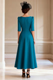 A Line Peacock Blue Midi Mother of the Bride Dress With Slit