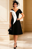 Black and White A Line V-Neck Midi Mother of the Bride Dress