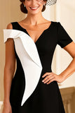 Black and White A Line V-Neck Midi Mother of the Bride Dress