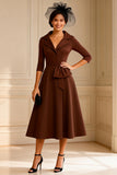 A Line Chocolate Half Sleeve Notched Lapel Midi Mother of the Bride Dress