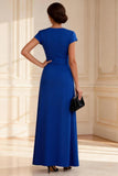 A Line Royal Blue V-Neck Long Mother of the Bride Dress With Belt