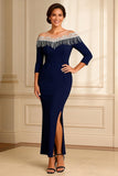 Mermaid Navy Off the Shoulder Fringed Mother of the Bride Dress With Slit