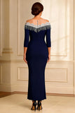 Mermaid Navy Off the Shoulder Fringed Mother of the Bride Dress With Slit