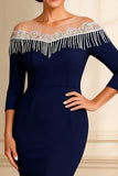 Mermaid Navy Off the Shoulder Fringed Mother of the Bride Dress With Slit