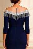 Mermaid Navy Off the Shoulder Fringed Mother of the Bride Dress With Slit
