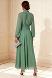 Sage Green A Line High Neck Mother of the Bride Dress With Long Sleeves