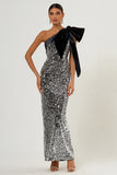Light Grey Bowed One Shoulder Sequin Evening Dress
