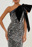Light Grey Bowed One Shoulder Sequin Evening Dress