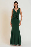 Simple Dark Green V Neck Formal Dress with Bow