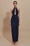 Sparkly Halter Cut Out Navy Long Evening Dress