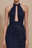 Sparkly Halter Cut Out Navy Long Evening Dress