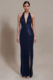 Navy Halter Sequin Long Evening Dress with Slit
