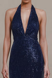 Navy Halter Sequin Long Evening Dress with Slit