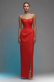 Simple Red Strapelss Formal Dress with Slit