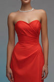 Simple Red Strapelss Formal Dress with Slit