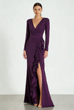 Plum Long Sleeve V Neck Formal Dress with Ruffles
