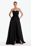 Black Strapless Appliqued A Line Formal Dress
